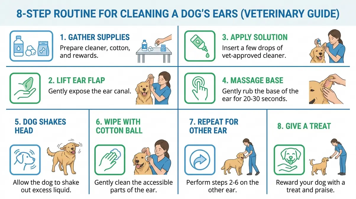 Step-by-step infographic showing the 8-step golden retriever ear cleaning routine with illustrations