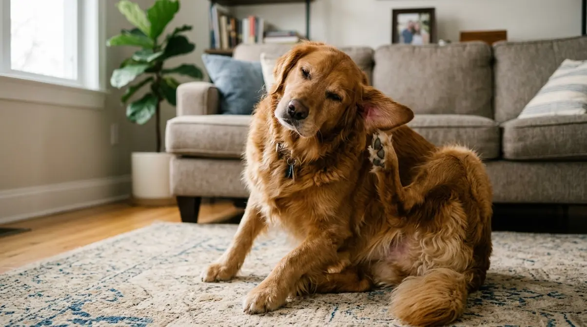 Golden Retriever scratching its ear due to an uncomfortable ear infection