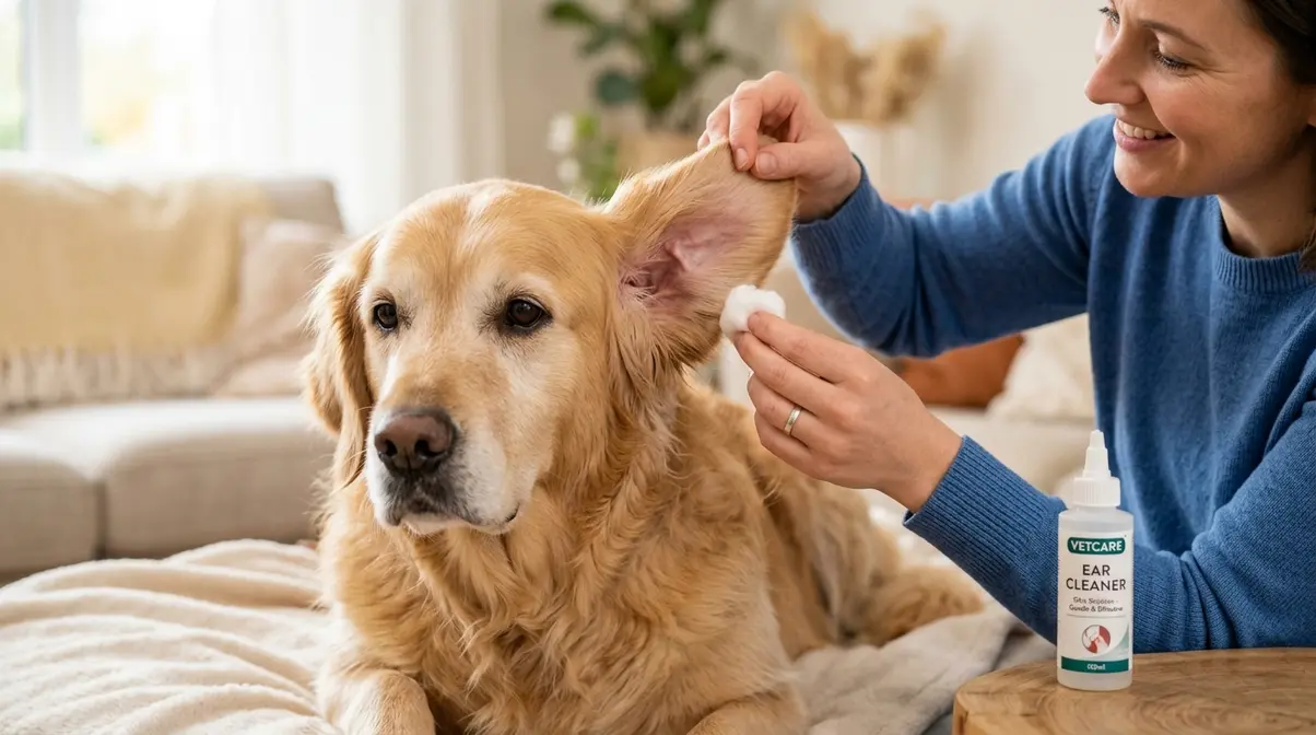 Dog owner gently lifting Golden Retriever ear flap to apply cleaning solution
