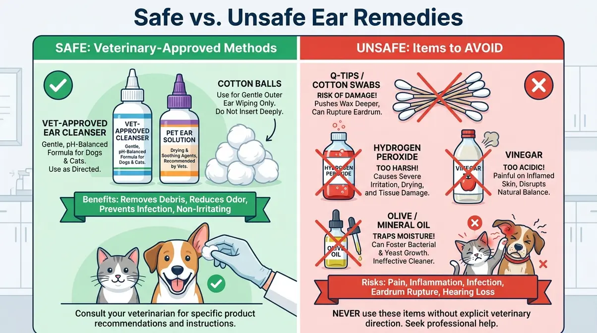 Comparison chart showing safe and unsafe home remedies for golden retriever ear infection prevention