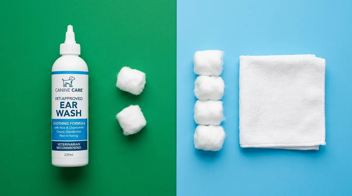 Safe over-the-counter veterinary ear cleaning supplies for dogs including wash and cotton balls