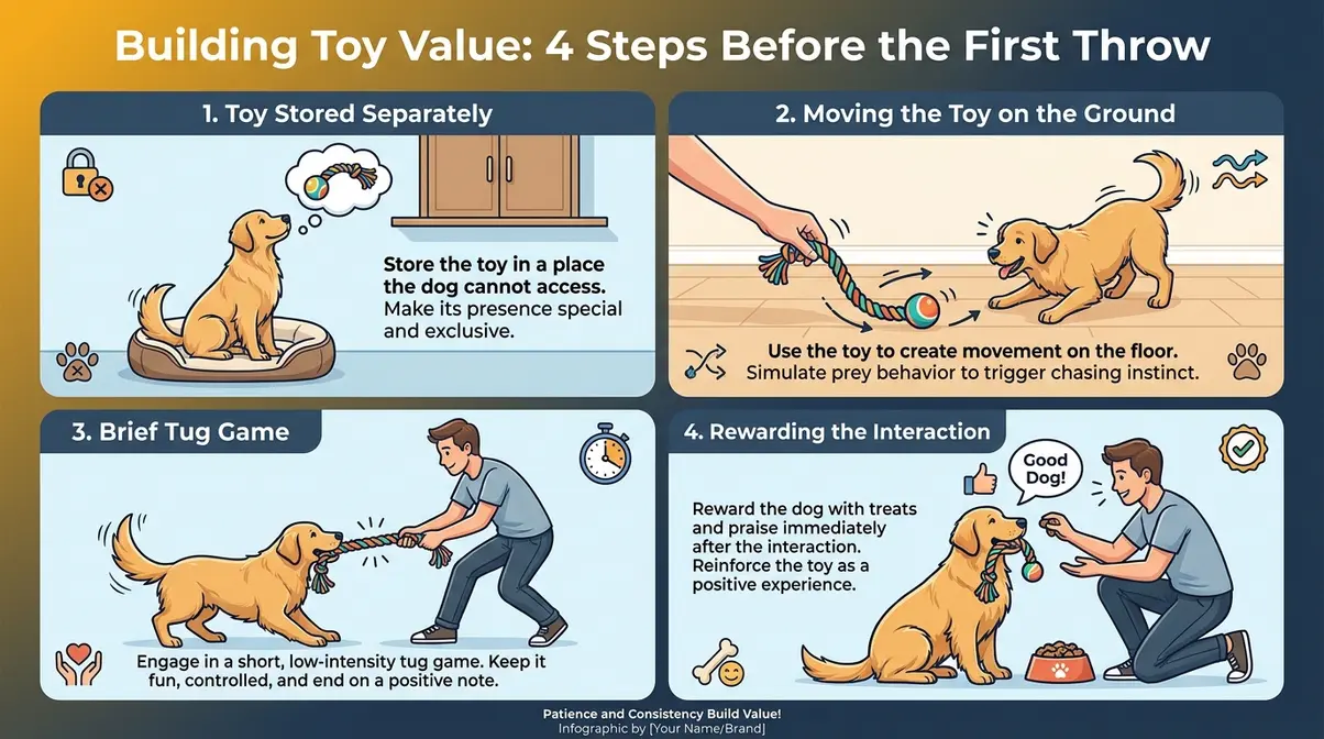golden retriever sniffing and engaging with a toy during fetch training value-building