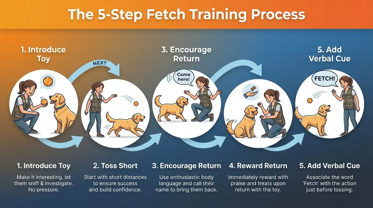 five-step golden retriever fetch training basics infographic showing toy introduction through verbal cue