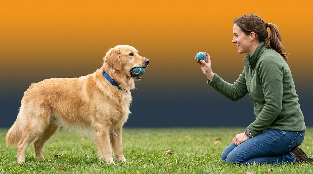 Owner using a second ball to fix keep-away fetch problem with Golden Retriever