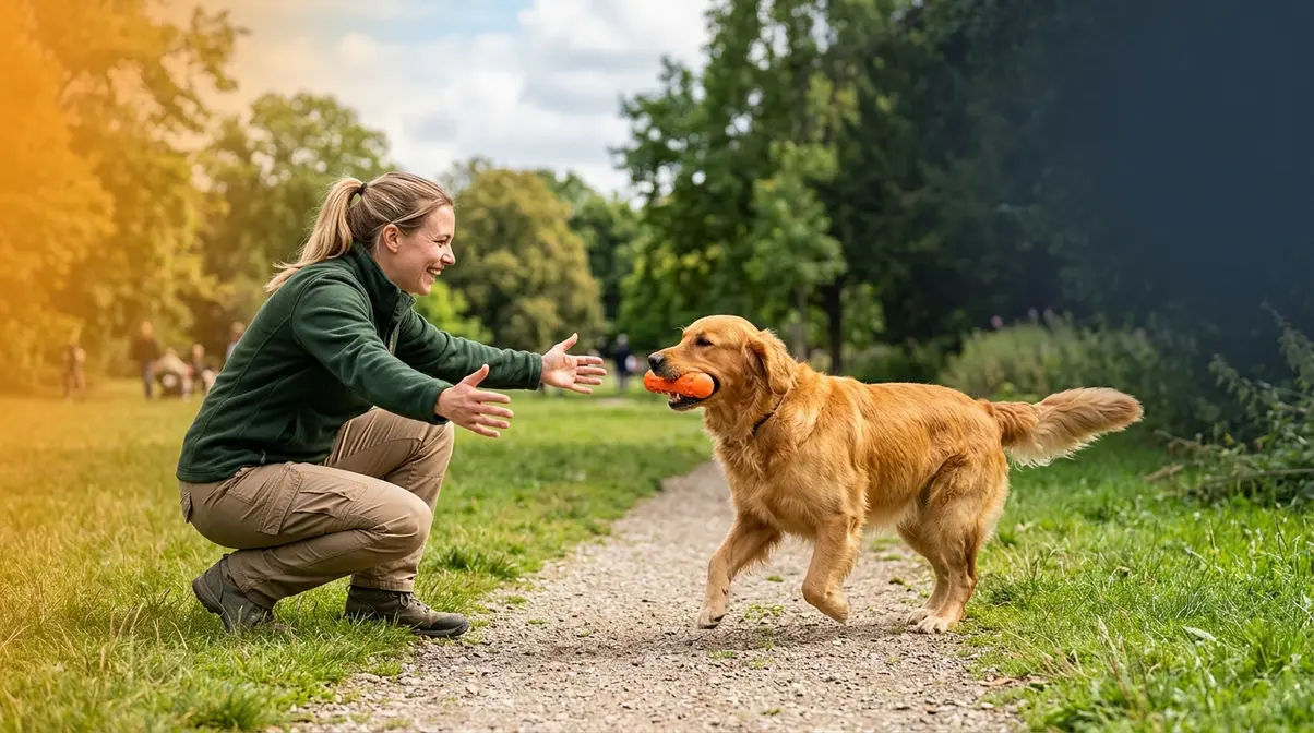 Trainer encouraging a Golden Retriever to return with a fetch toy