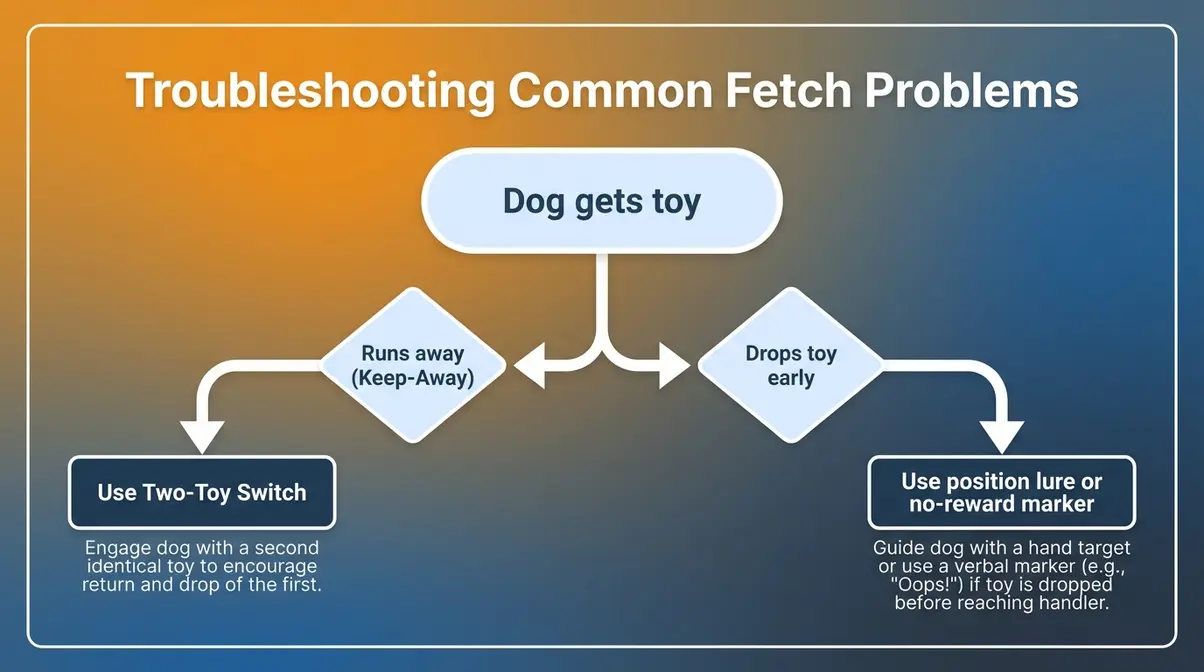 flowchart for diagnosing and fixing golden retriever fetch problems including keep-away and early drop