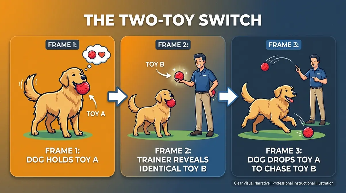 step-by-step photo sequence showing the two-toy switch method for golden retriever fetch training