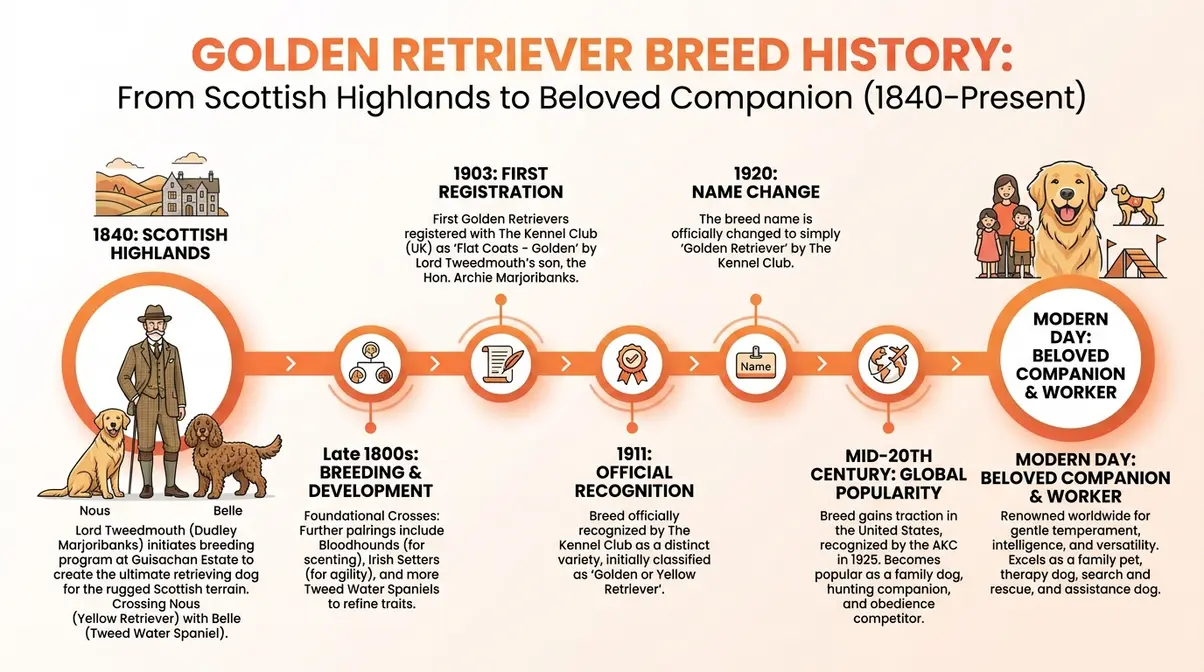 infographic showing golden retriever breed history from 1840 Scottish Highlands to modern day golden retriever fun facts
