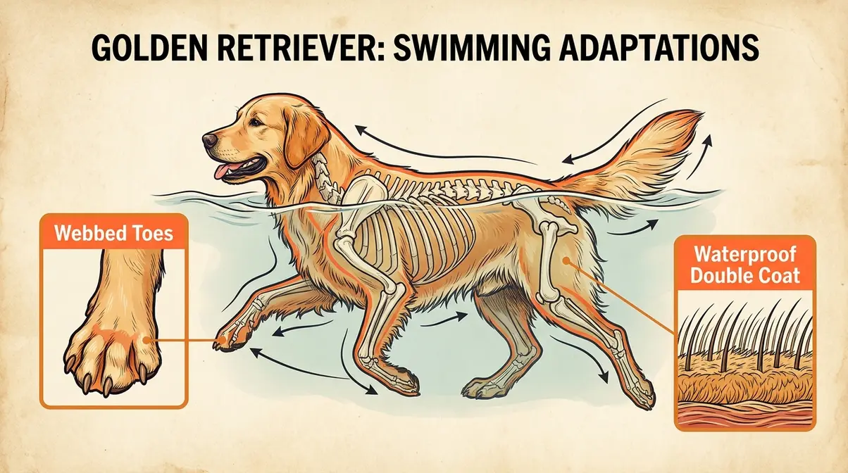 anatomical diagram of golden retriever webbed paws and waterproof double coat layers