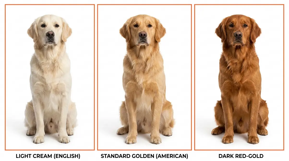 photo gallery showing light cream golden retriever, standard golden retriever, and dark red golden retriever side by side