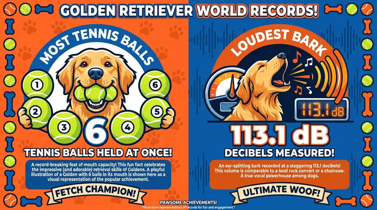 infographic showing golden retriever guinness world records including tennis balls and loudest bark fun facts