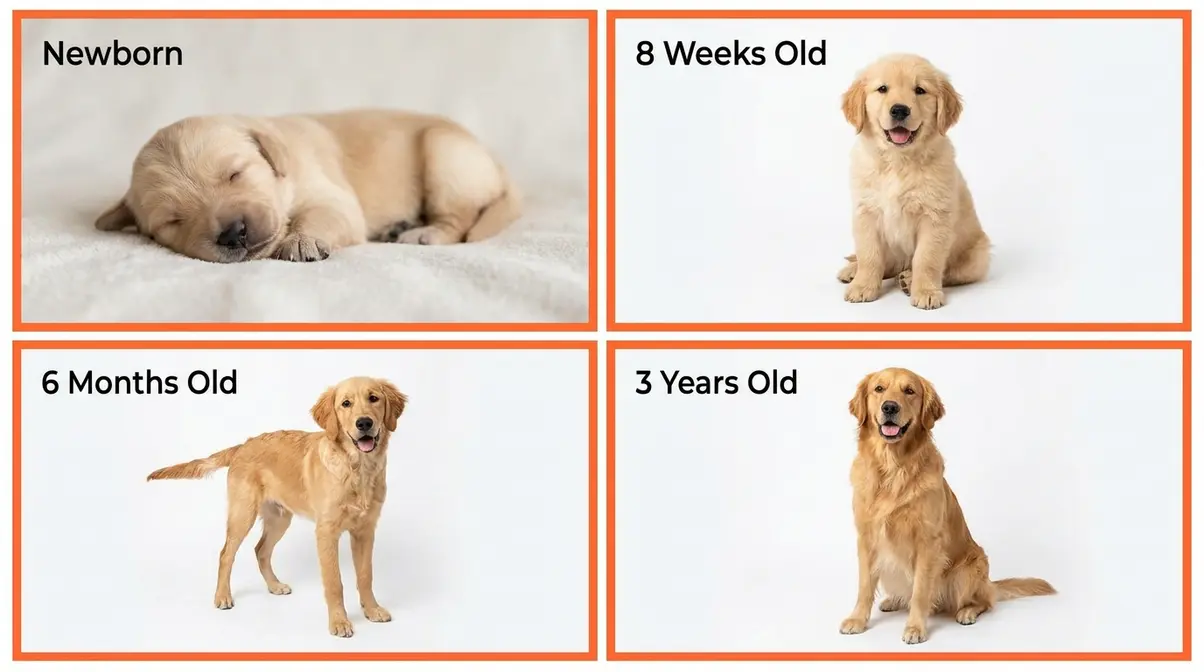 photo gallery showing golden retriever puppy growth stages from newborn to adult golden retriever fun facts