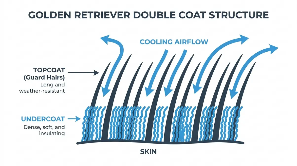 Diagram showing the two layers of a golden retriever double coat with labels for the protective topcoat and insulating undercoat.