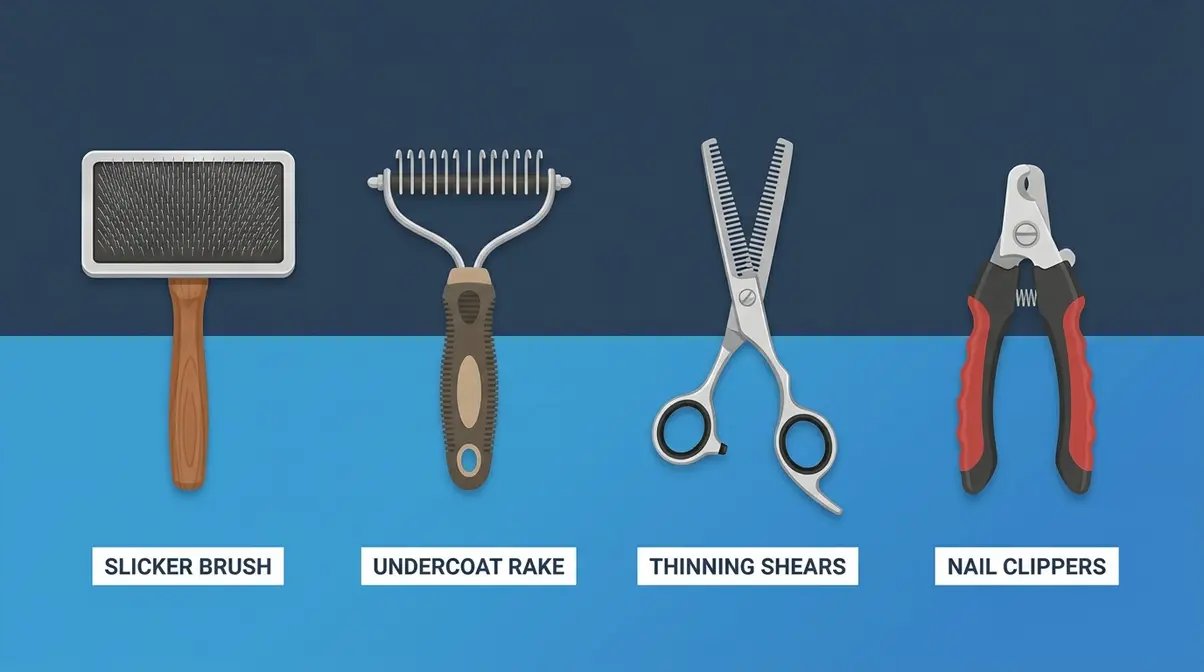 Infographic showing essential golden retriever grooming tools including a slicker brush, undercoat rake, thinning shears, and nail clippers with labels.