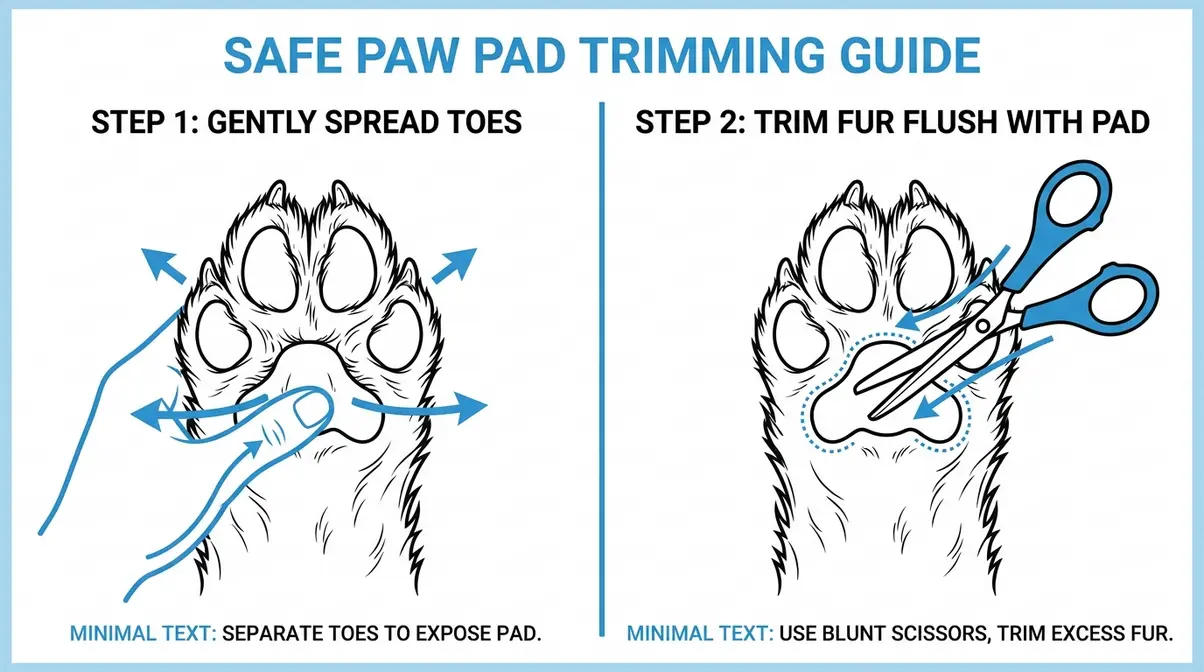 A step-by-step visual guide showing how to safely trim overgrown fur on golden retriever paw pads using blunt-tip scissors.