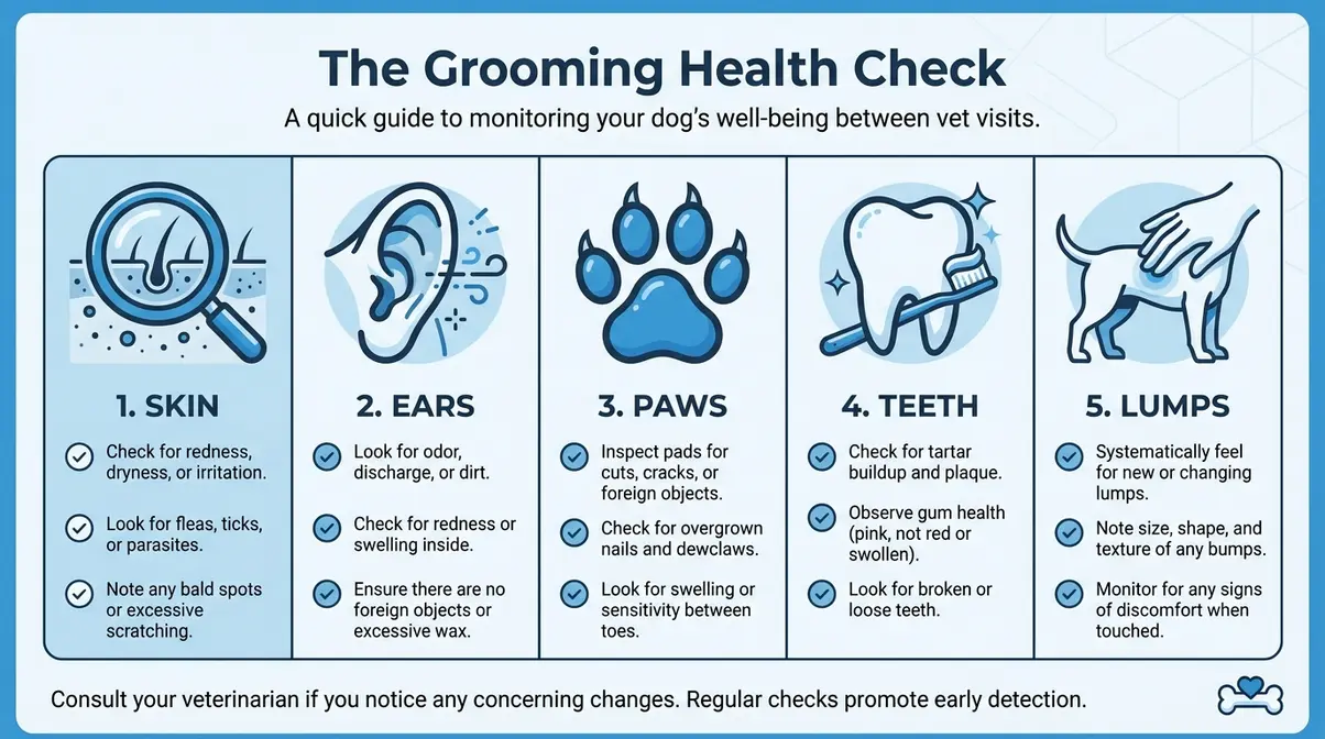 An illustrated checklist of the 5-point grooming health check for a golden retriever, covering skin, ears, paws, teeth, and checking for lumps.