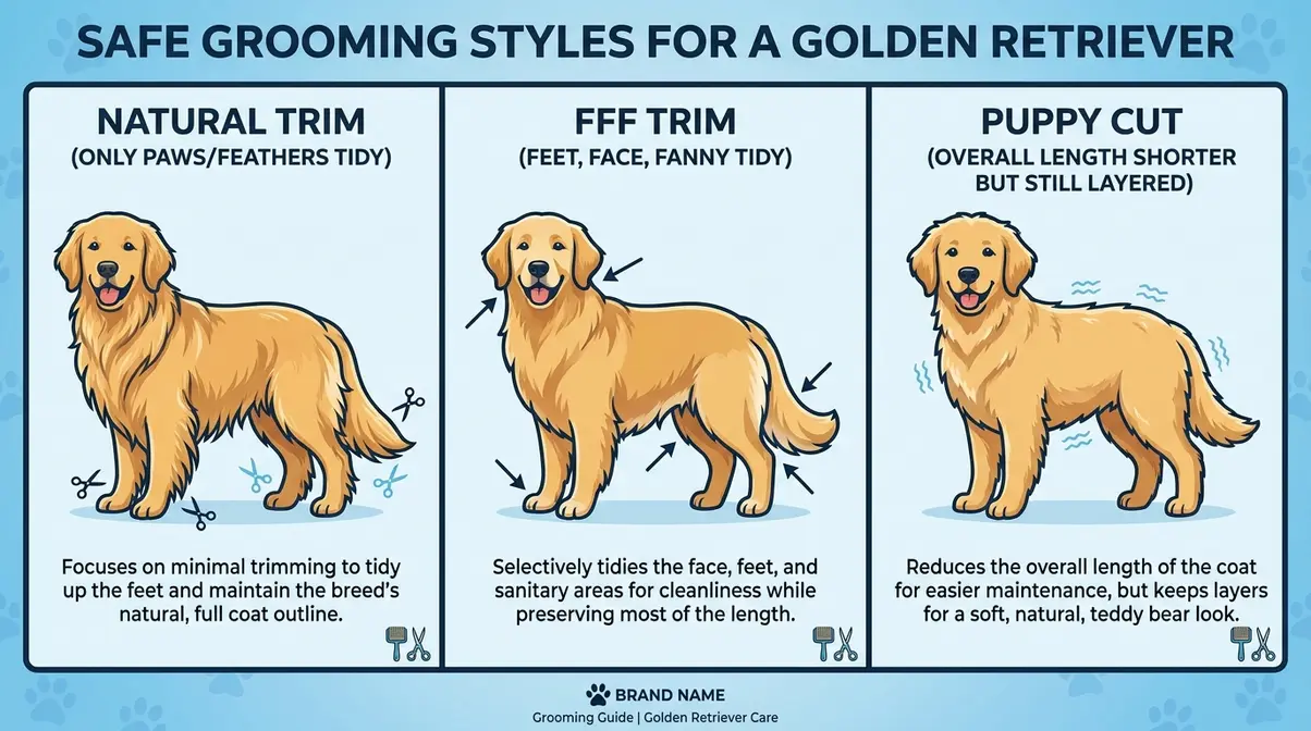 A visual guide comparing three safe golden retriever grooming styles: the natural trim, the FFF (feet, face, fanny) trim, and the professional puppy cut.