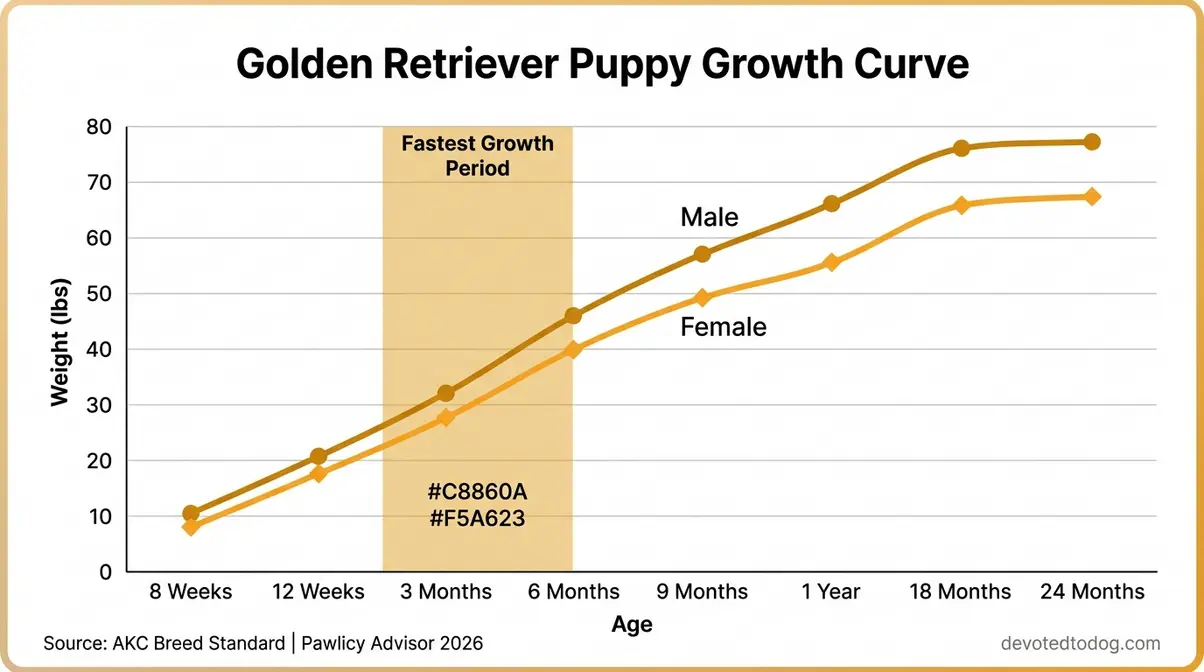 Golden retriever growth chart by month showing male and female weight gain curves from 8 weeks to 24 months