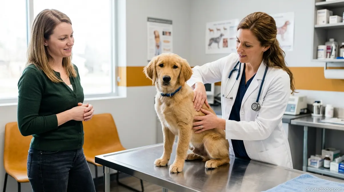 Veterinarian performing Body Condition Score rib test on a Golden Retriever puppy during a health checkup