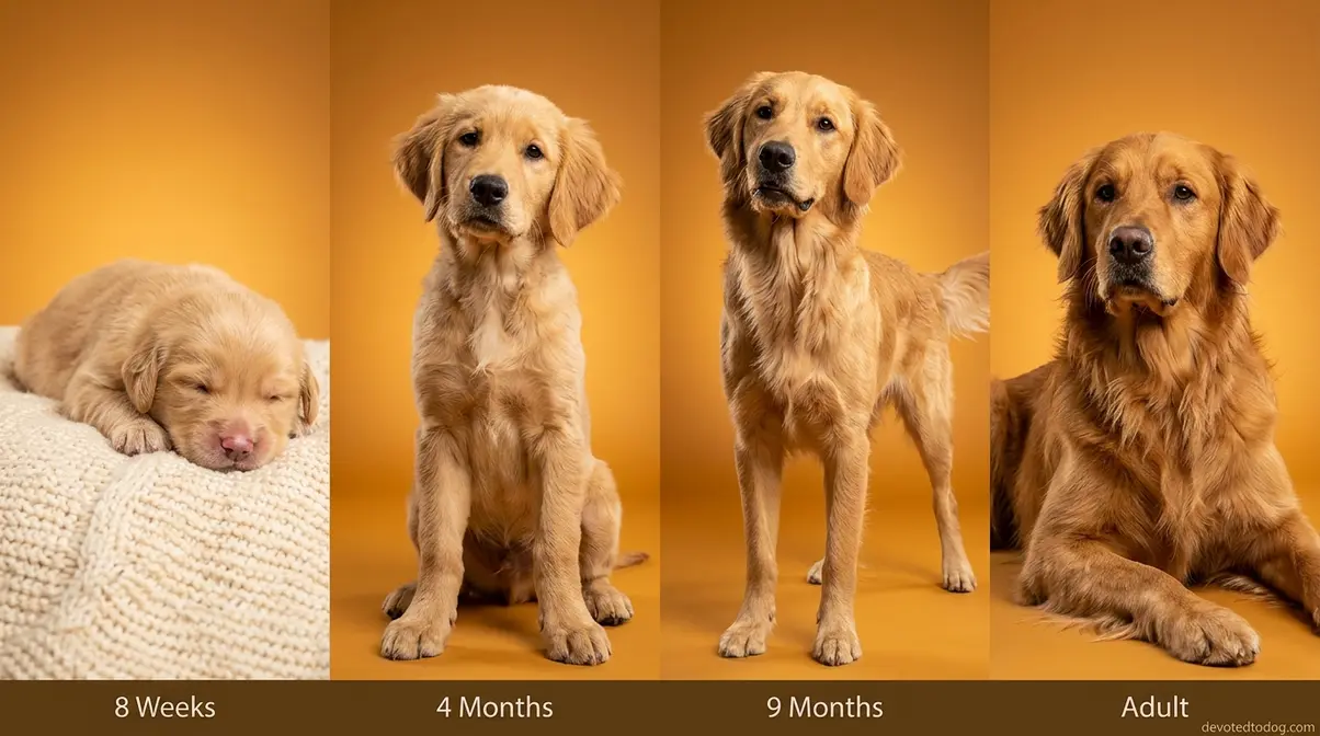 Golden Retriever shown at four growth stages from 8-week puppy to full adult dog side by side