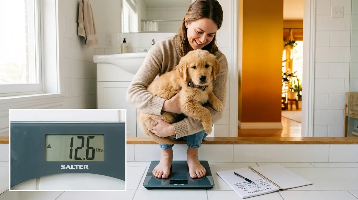 Person weighing a Golden Retriever puppy on a bathroom scale using the carry method at home