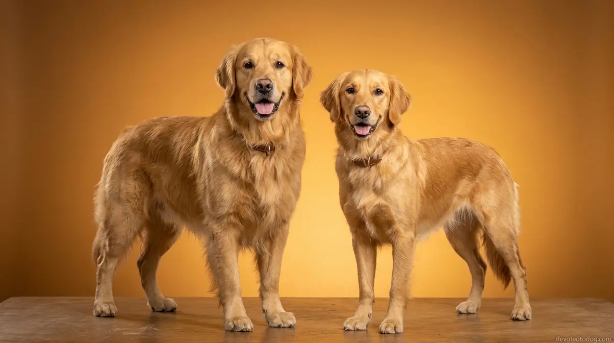 Adult male and female Golden Retrievers standing side by side showing visible size difference between sexes