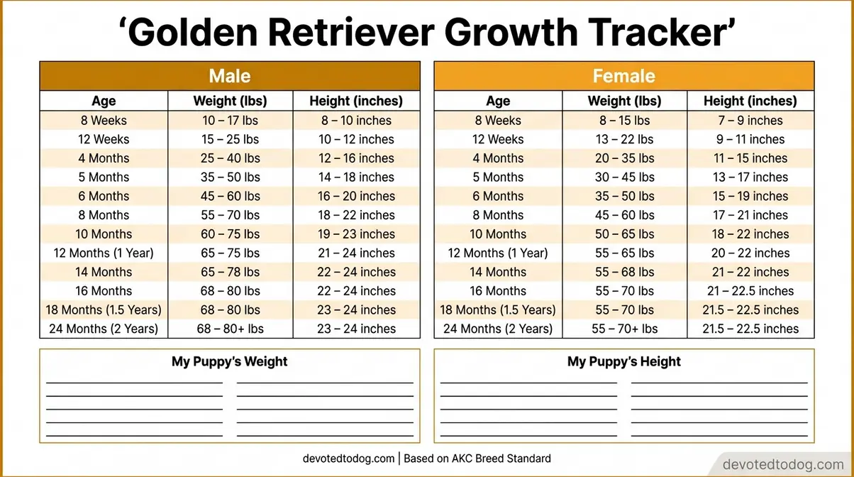 Printable golden retriever growth chart with monthly weight and height benchmarks for male and female puppies
