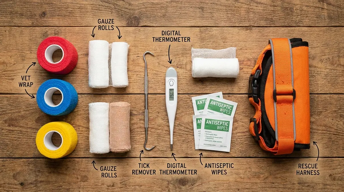 dog hiking first aid kit contents including vet wrap gauze tick remover and rescue harness for golden retriever trail safety