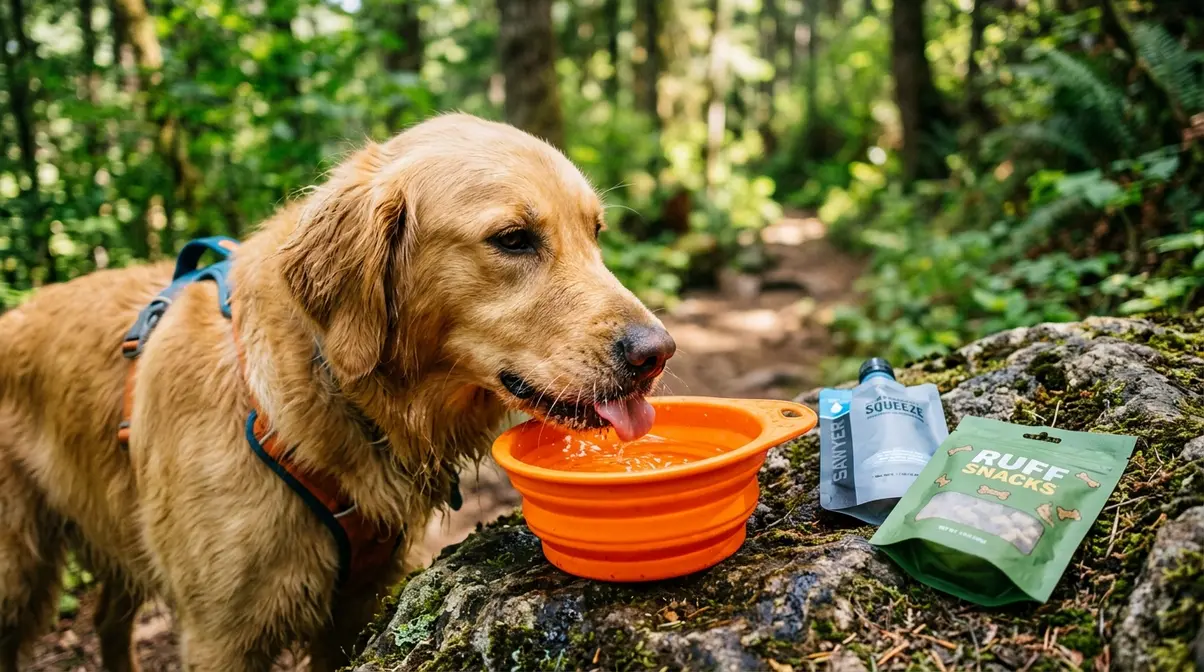 Golden retriever drinking from a collapsible trail bowl during a forest hike
