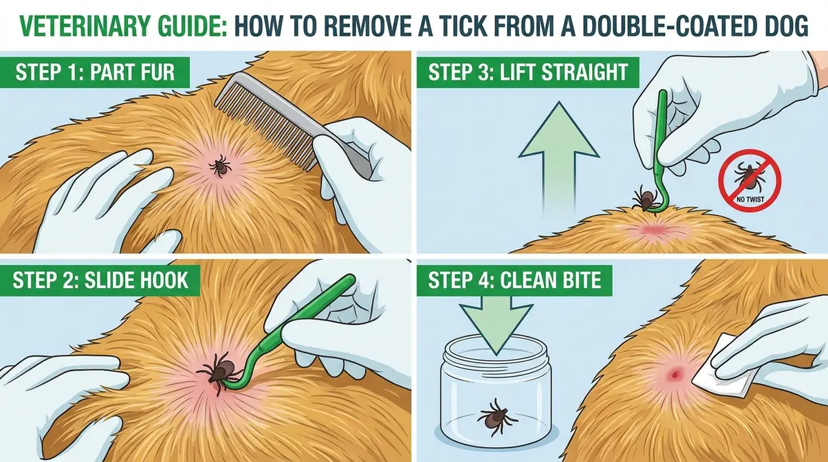 step-by-step tick removal from golden retriever thick double coat using hook remover tool