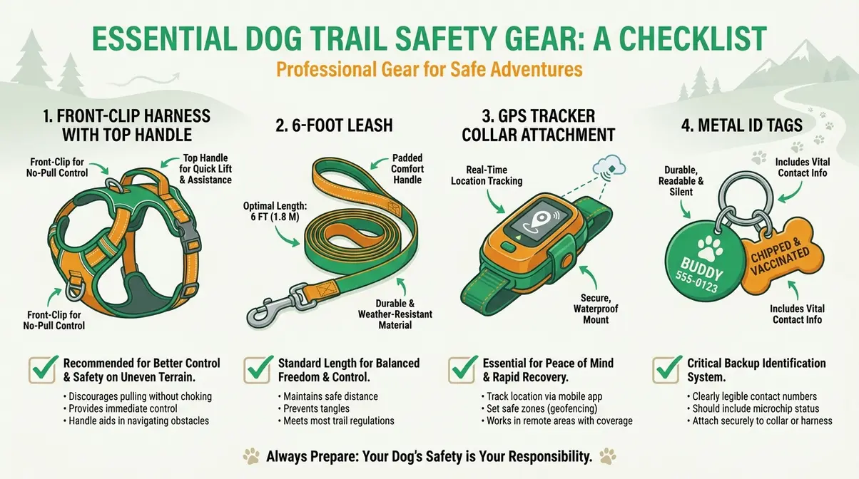golden retriever hiking gear checklist safety items including harness leash GPS tracker and ID tags