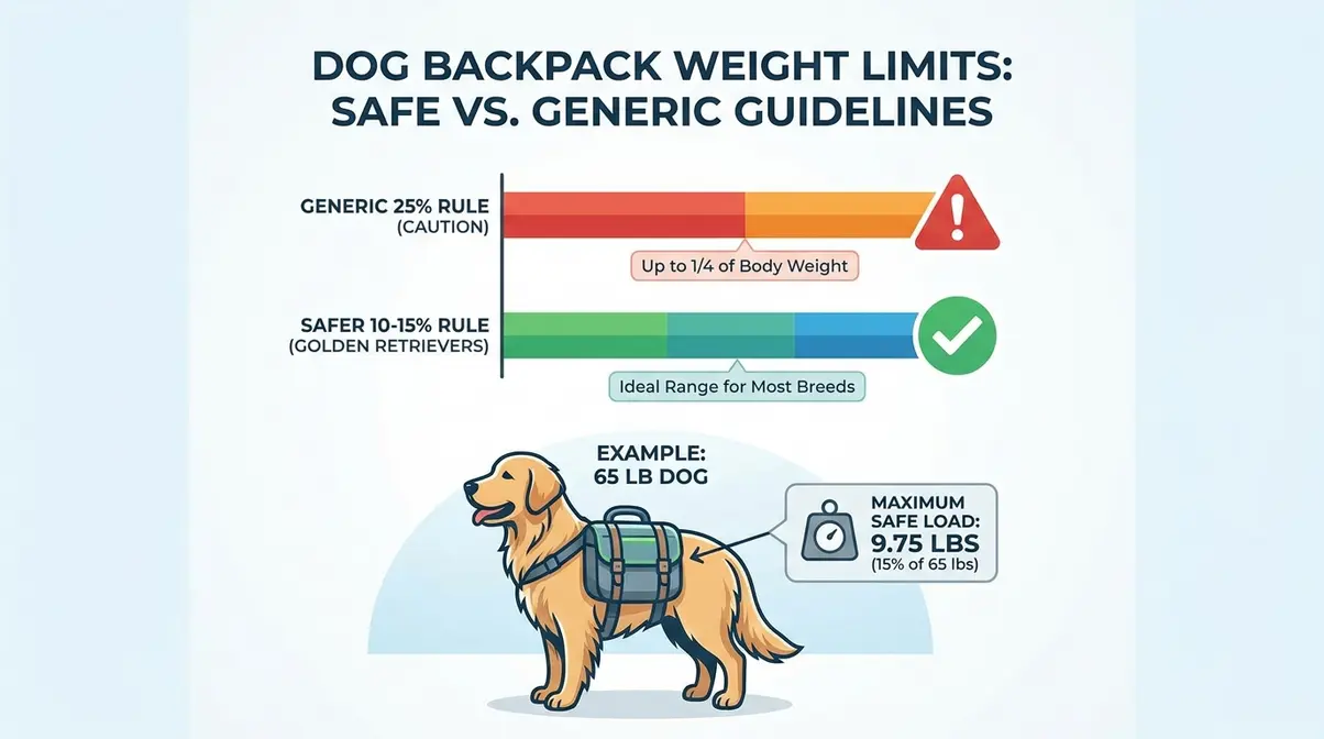 safe dog backpack weight chart for golden retrievers showing 10 to 15 percent body weight limit versus generic 25 percent rule