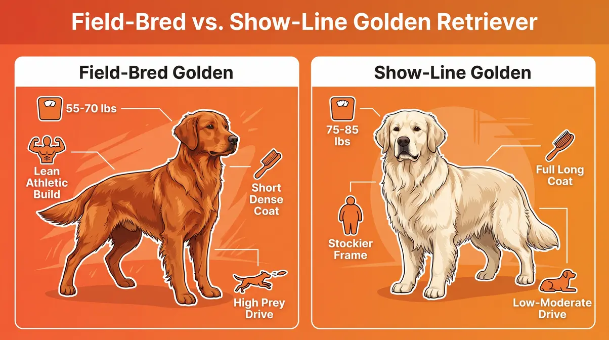 Field-bred vs show-line golden retriever infographic comparing build coat color and prey drive traits