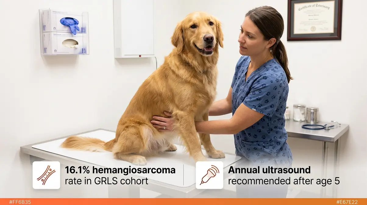Veterinarian examining golden retriever hunting dog for hemangiosarcoma health screening after age five