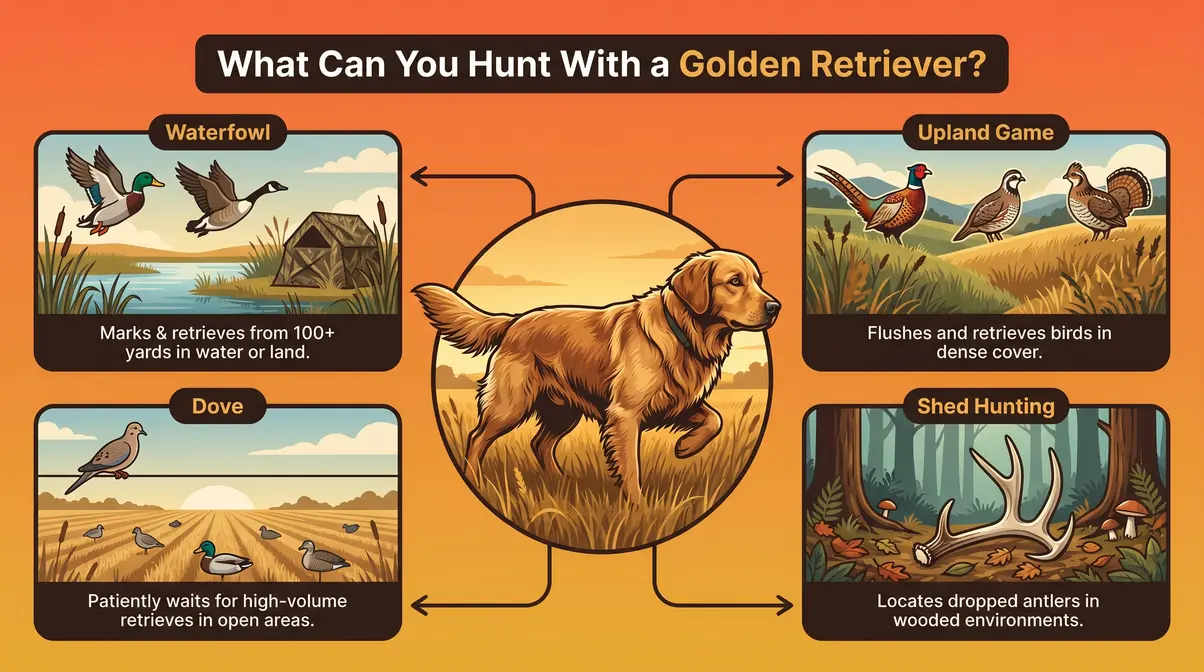 Golden retriever hunting applications infographic showing waterfowl upland pheasant quail dove and shed hunting