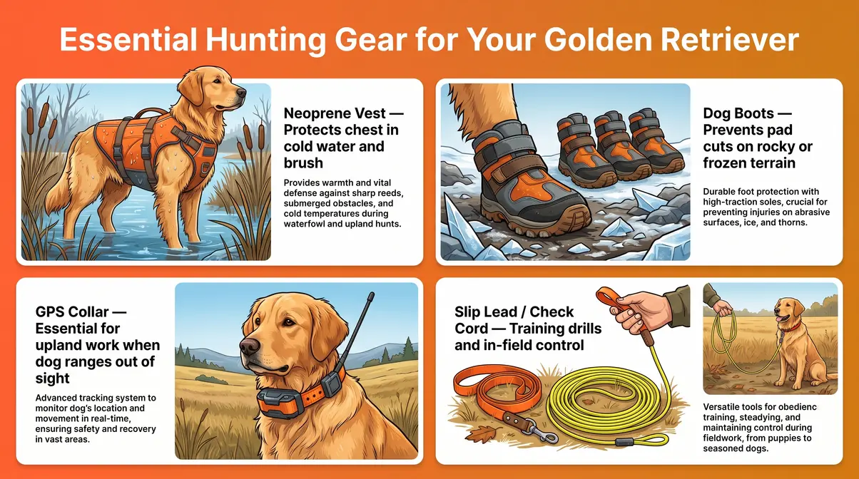Essential hunting gear for golden retriever illustrated guide showing neoprene vest boots GPS collar and slip lead