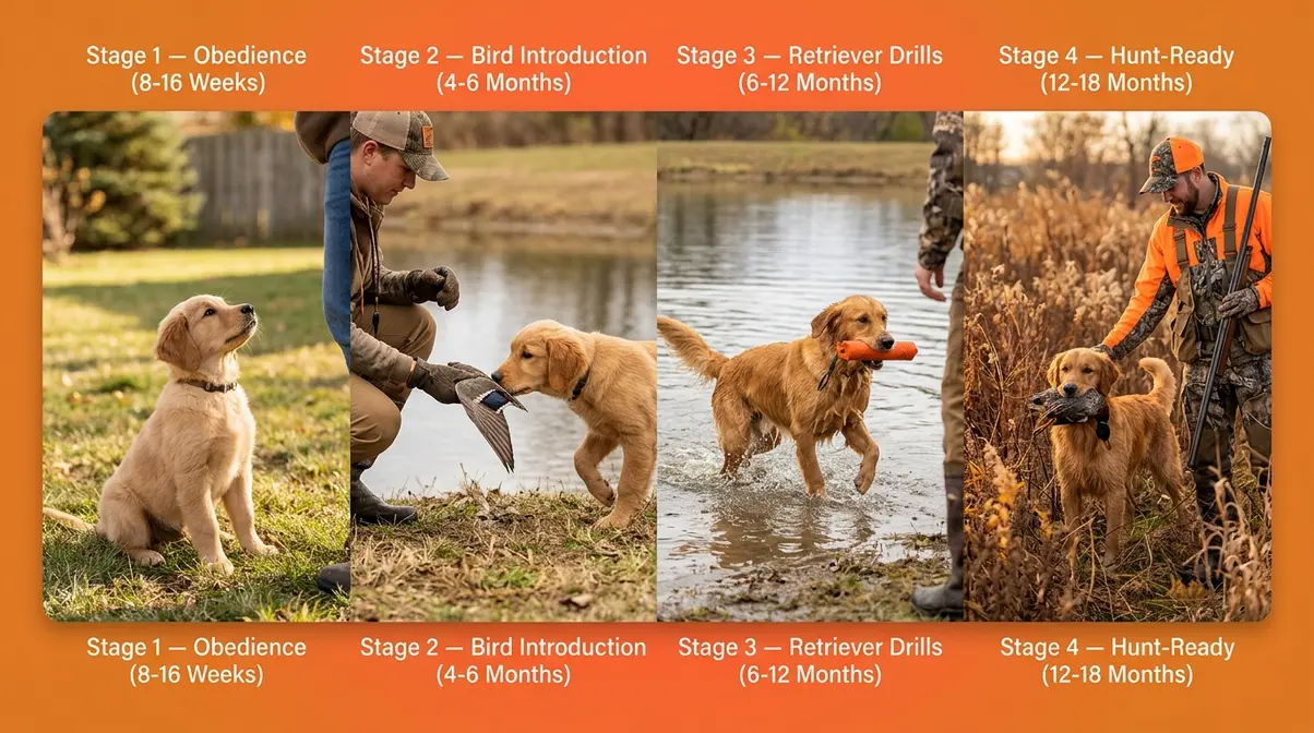 Golden retriever hunting training progression from puppy obedience to hunt-ready field work in four stages