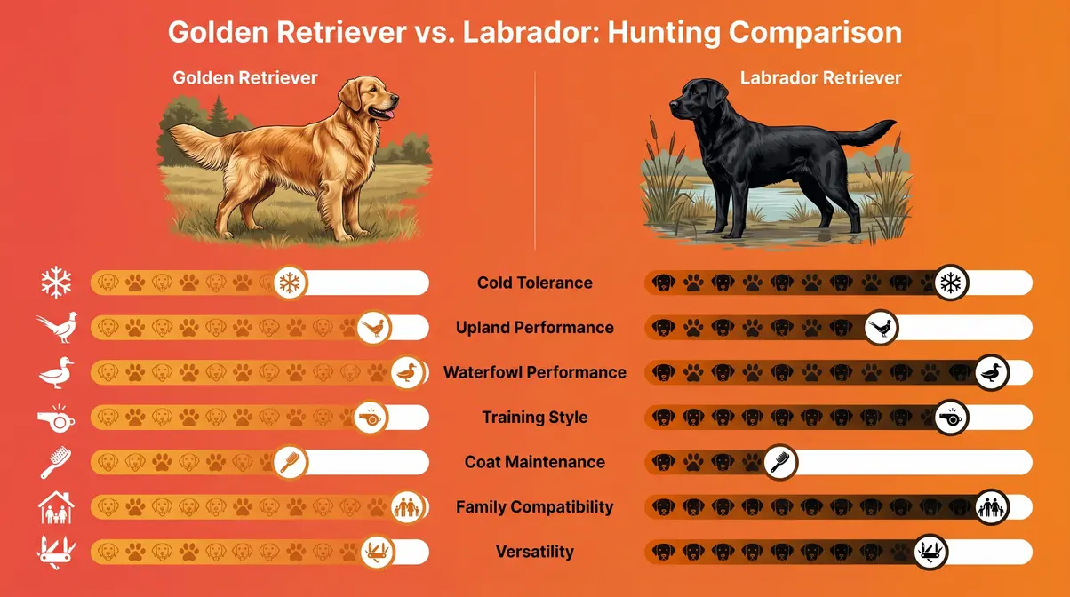 Golden retriever vs labrador retriever hunting comparison chart showing coat cold tolerance training and versatility