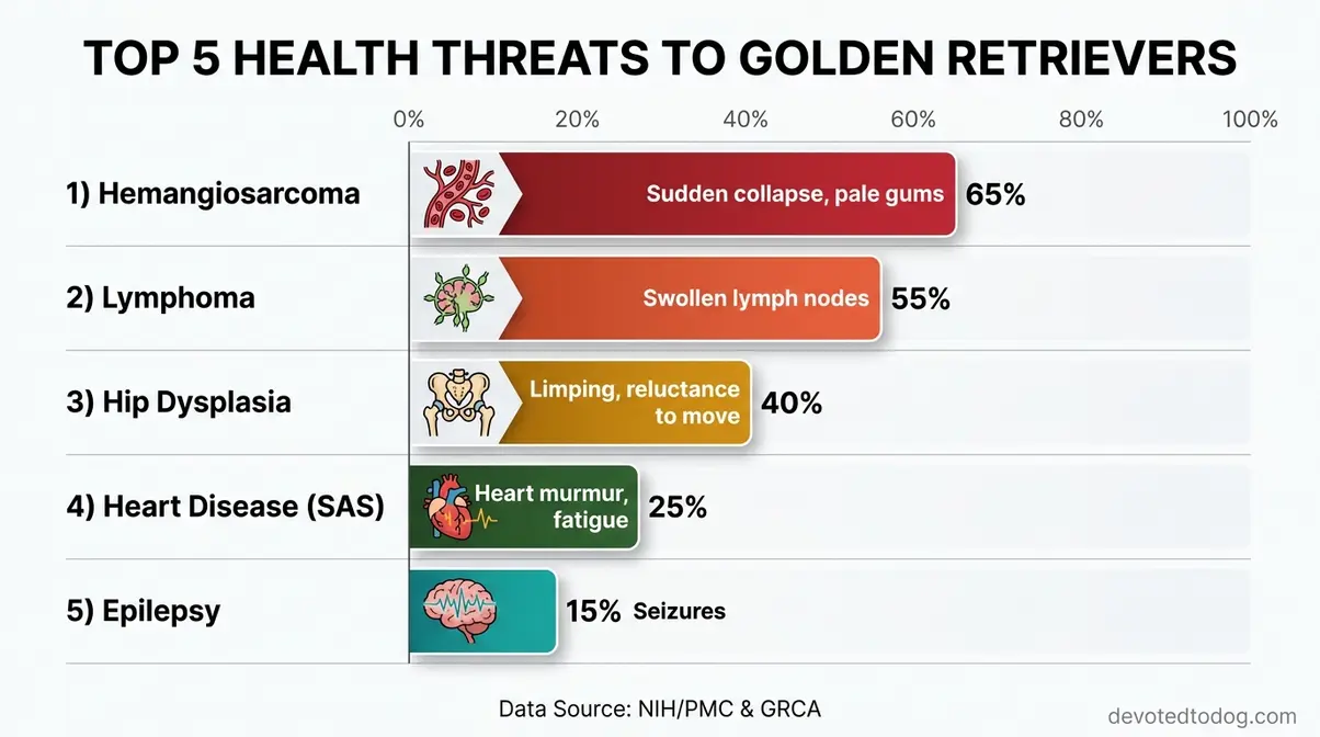 Chart showing top 5 health threats to golden retrievers including hemangiosarcoma lymphoma and hip dysplasia with warning signs