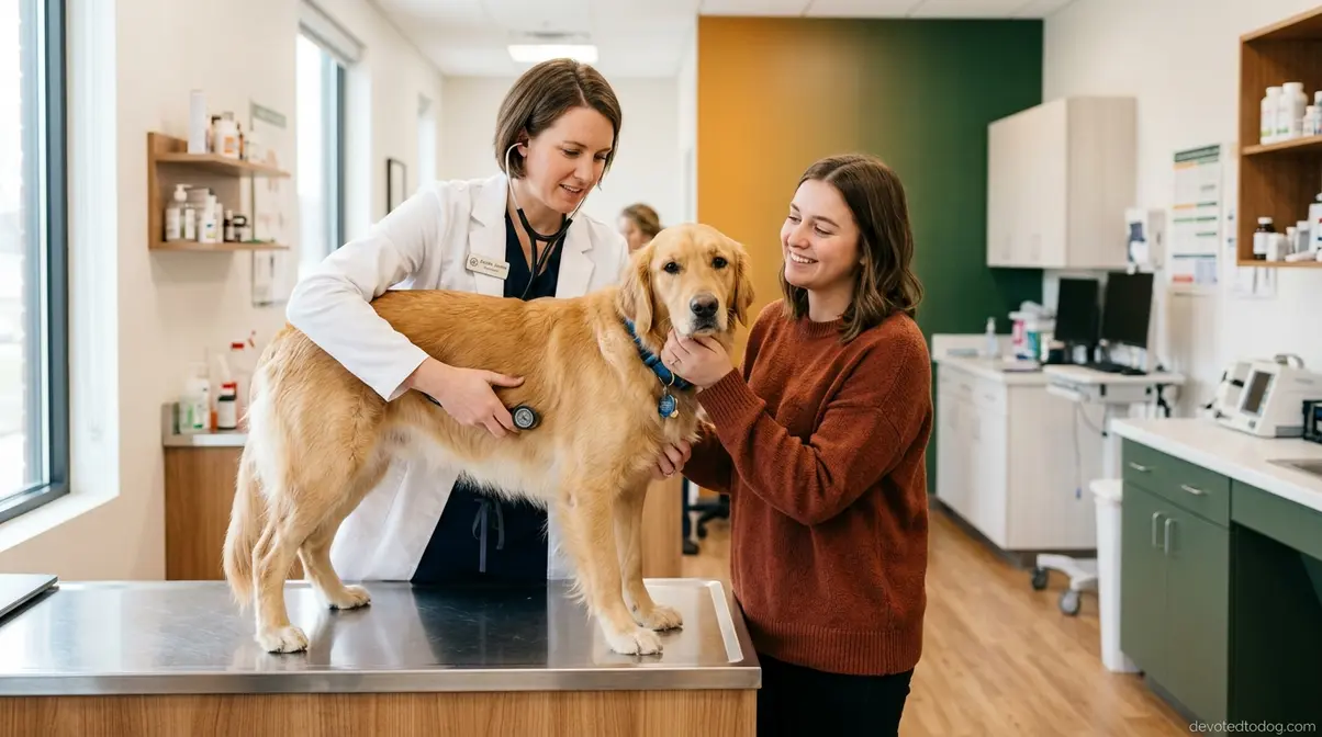 Golden retriever receiving preventive veterinary checkup with owner present illustrating longevity care steps