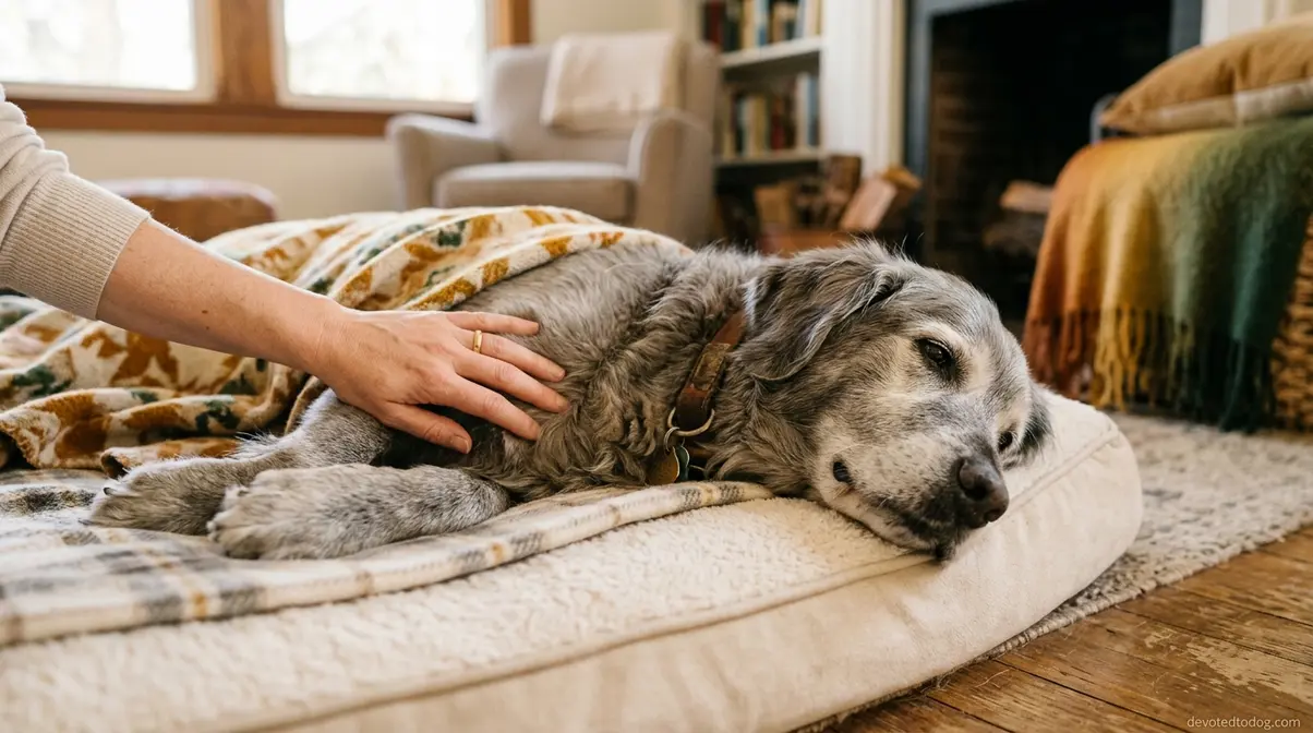 Senior golden retriever with gray muzzle resting peacefully at home showing normal signs of aging in older dogs