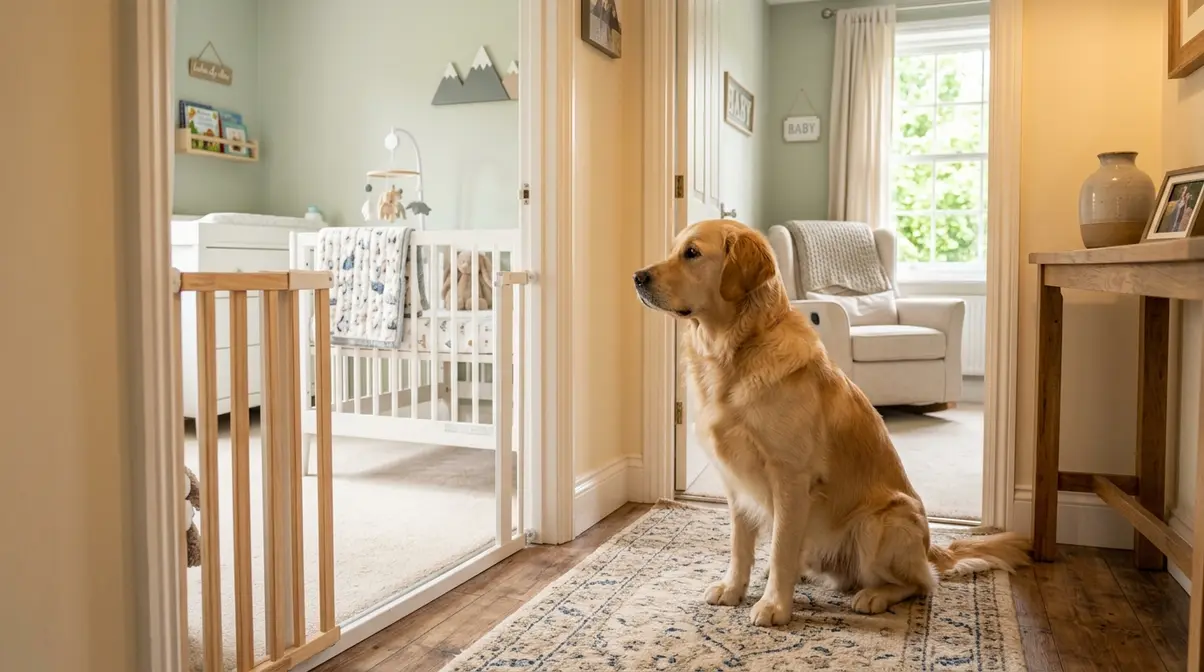 Adult Golden Retriever sitting calmly outside a baby nursery gate