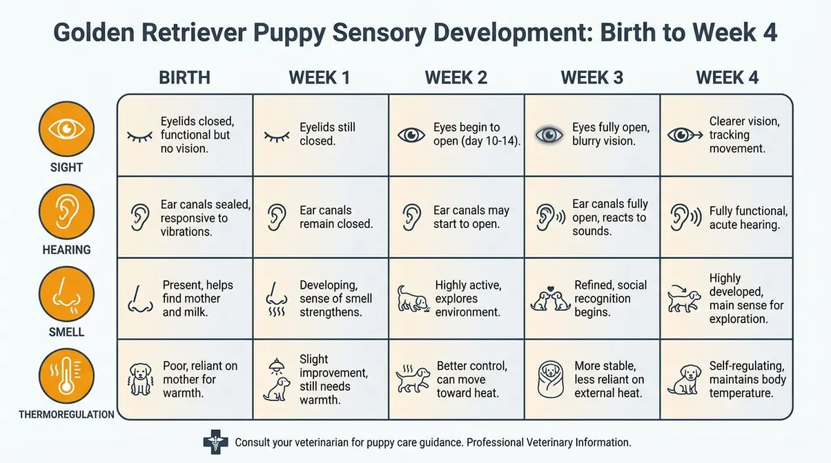 newborn golden retriever puppy sensory milestones from birth to week four