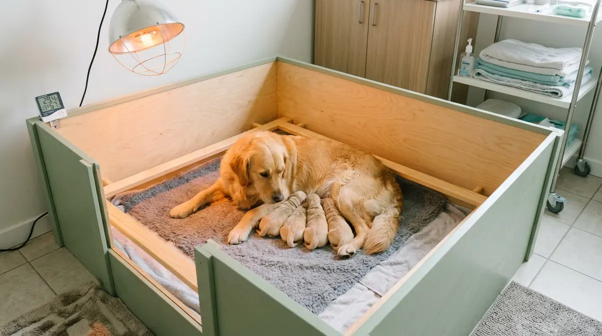 Properly equipped whelping box for Golden Retriever puppies with heat lamp