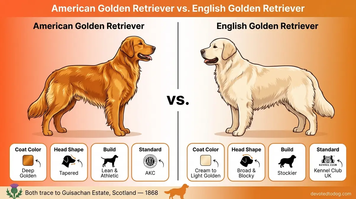Side-by-side comparison infographic of American and English golden retriever types showing coat, head, and build differences