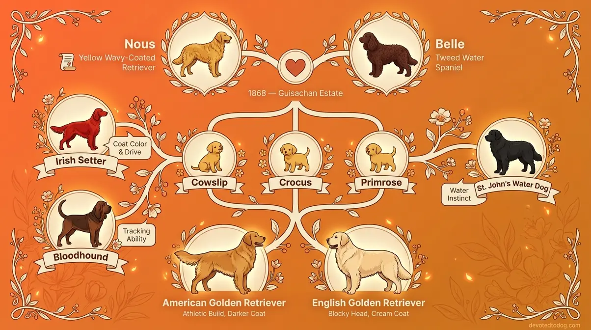 Golden retriever ancestry chart showing Nous and Belle as founding dogs and lineage to modern American and English types