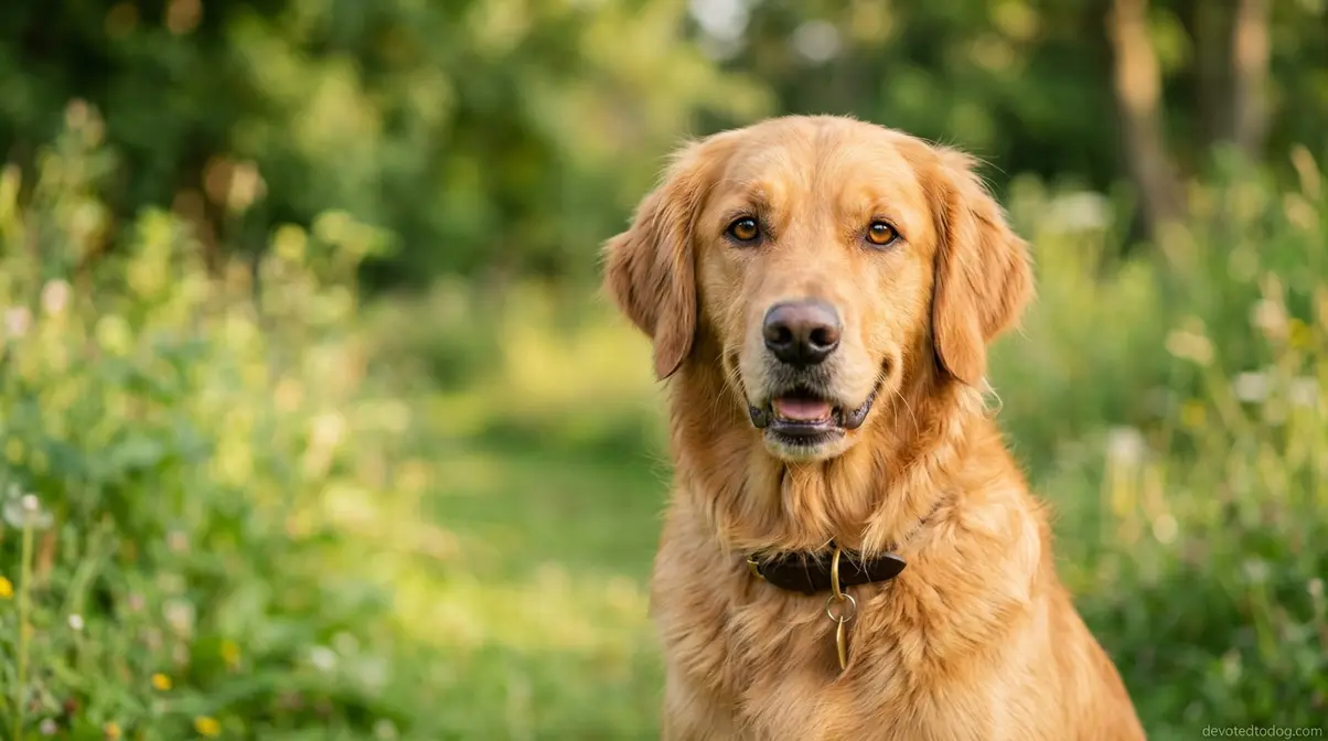 Healthy adult golden retriever with bright eyes and well-groomed coat in warm natural light portrait