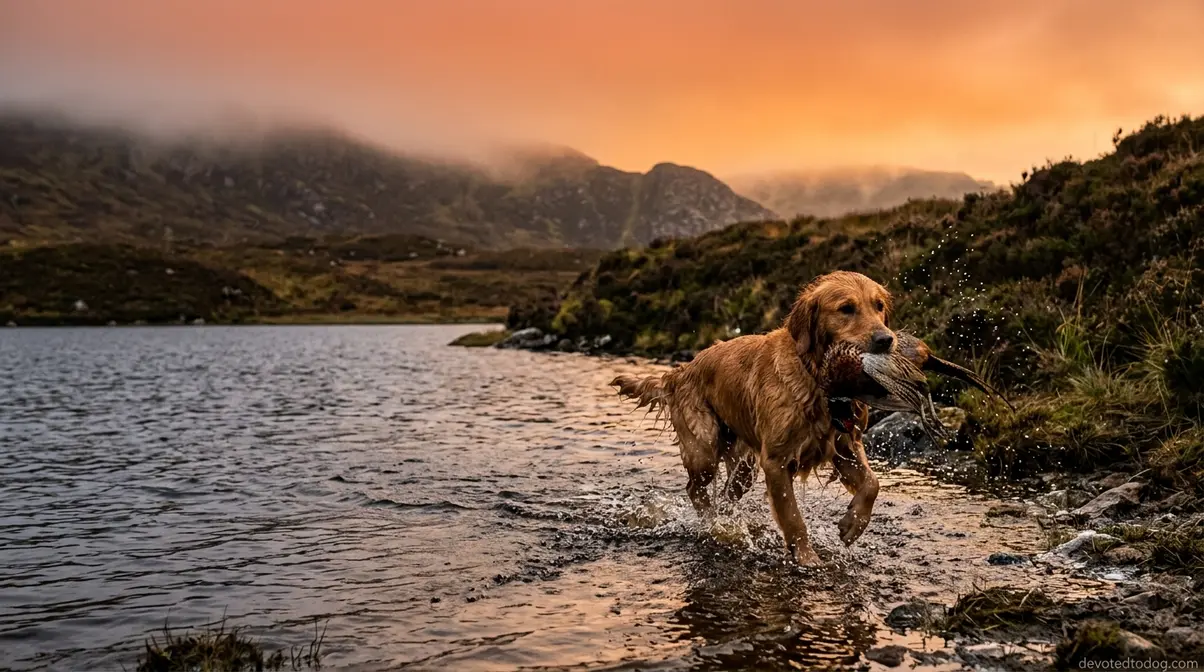 Golden retriever retrieving waterfowl from a cold Scottish Highland loch on rugged boggy moorland terrain