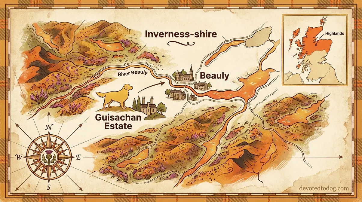 Illustrated map of Scottish Highlands showing Guisachan Estate near Beauly where golden retriever origin began