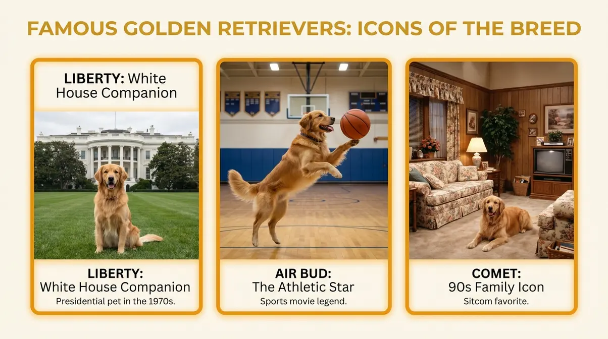 Collage showing famous golden retrievers including Liberty at the White House, Air Bud basketball scene, and Comet from Full House